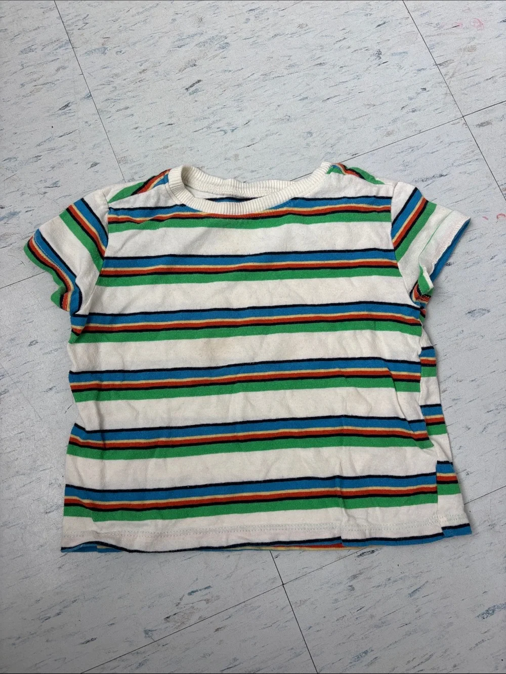 Striped Crewneck Kids Tee in White, Green & Blue - Unbranded